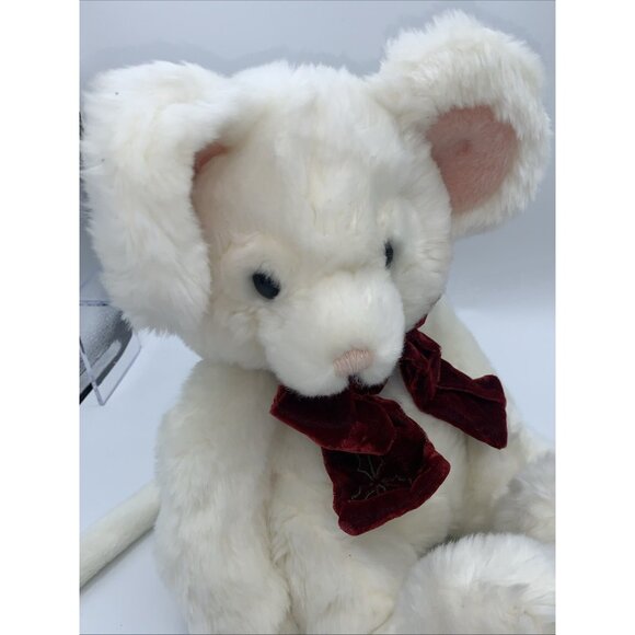 Russ Berrie Tic Toc Christmas Mouse w /Tags Festive Red Bow White Pink - Picture 2 of 9